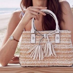 *NEW* Patricia Nash Angela Ebb Woven Straw White Italian Leather Satchel